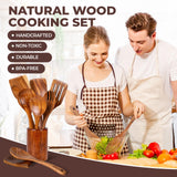 Wooden Spoons for Cooking, Teak Wooden Kitchen Utensil Set for Nonstick Cookware, Durable Wooden Cooking Utensils Set with Holder and Spoon Rest (9 Pcs) AYAWOW