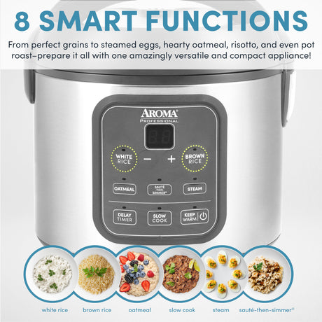 AROMA Professional Digital Rice Cooker, Multicooker, 4-Cup (Uncooked) / 8-Cup (Cooked), Steamer, Slow Cooker, Grain Cooker, 2Qt, Stainless Steel Exterior, ARC-994SG AROMA
