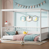 Full Size Canopy Bed Frame with 4 Posters and Guardrails, Full Size Montessori Floor Bed with High Fence, White Montessori Bed Bellemave