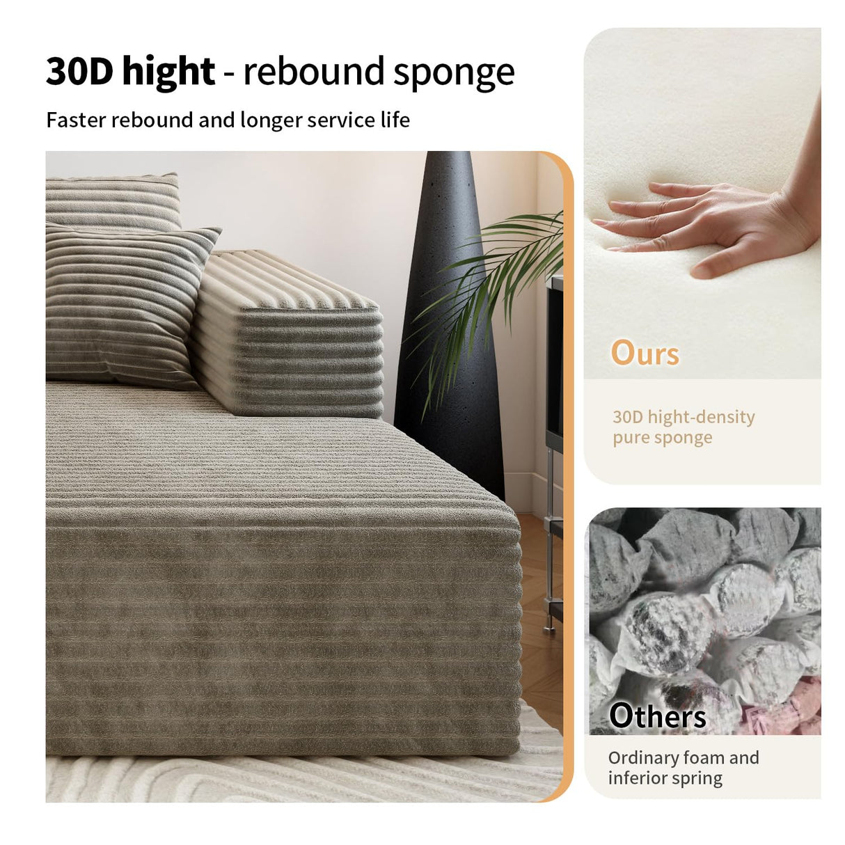 107.5" Cloud Modular Sectional Sofa Couch with L-Shape Chaise,Modern Minimalist Upholstered Couches for Living Room Bedroom,Deep Seat Corner Couch，No Assembly Required (Camel,Right Facing Chaise) Settab