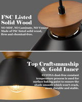 ELYONA Modern Pendant Light Kitchen Island, 10" Solid Wood Hanging Lamp with Matte Black Metal Shade & Gold Inner Finish, Farmhouse Pendant Light Fixtures for Dining Room Bedroom Living Room Hallway ELYONA
