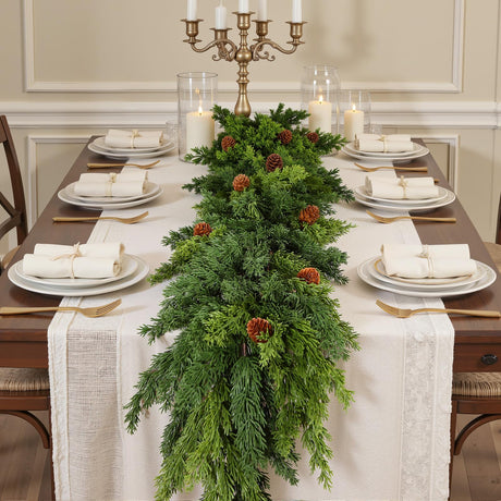 2PCS Christmas Garland, Cedar Garland -Realistic Greenery Cypress Pine Garland with Pinecone for Mantle Table Railing Fireplace Indoor & Outdoor Christmas Decoration Alupssuc