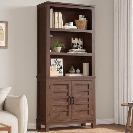 GarveeHome Bookcase with Door 5 Tier Storage Bookshelf Wooden Farmhouse Bookshelves Rustic Vintage Etagere Walnut Cabinet for Home Office,Living Room,Bed Room,Brown GarveeHome