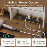 VIAGDO Farmhouse Makeup Vanity Desk with Sliding Door and Lights, Vanity Table with Charging Station & 2 Drawers, Rustic Big Vanity Table with Hooks/Shelves/Hidden Space for Bedroom VIAGDO