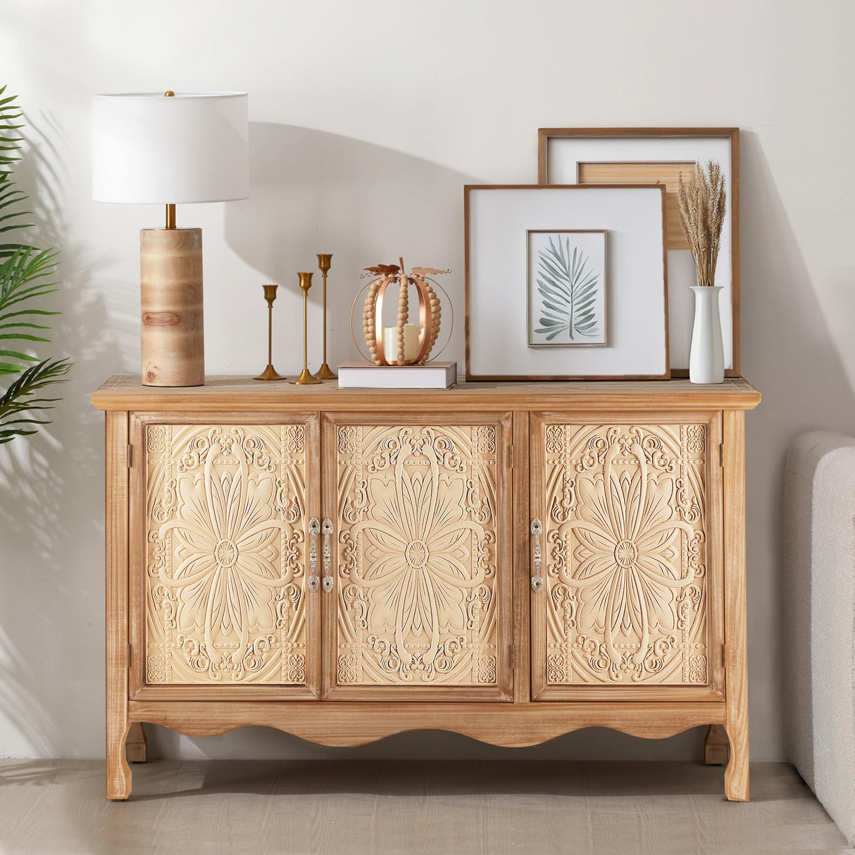 RoyalCraft Sideboard Buffet Cabinet with Storage,49'' Solid Wood Farmhouse Sideboard Credenza Accent Cabinet with 3 Carved Doors, TV Console Table for Entryway, Livng Room, Kitchen, Natural RoyalCraft