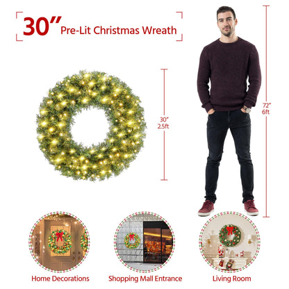 Yaheetech 30in Large Artificial Christmas Wreath, Pre-lit Holiday Accent Decoration with Red Bow, 110 LED Lights & 300 PVC Tips, Metal Structure for Door Wall & Mantel