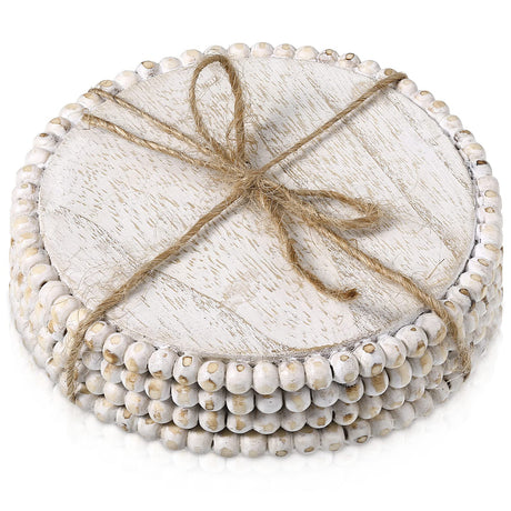 4 Pieces Wood Beaded Coasters 3.9 Inch Round Rustic Farmhouse Coasters Wooden Coasters for Drinks Decorative Table Top Coasters Wood Bar Coaster Set for Housewarming Home Kitchen (Beige) Honeydak