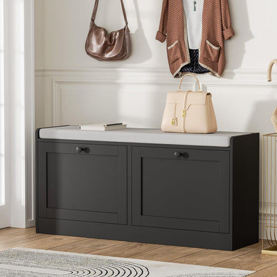 MHOM Black Modern Entryway Bench with 2 Flip Drawers, Shoe Rack with Padded Seat Cushion, Wooden Storage Bench for Bedroom and Apartment