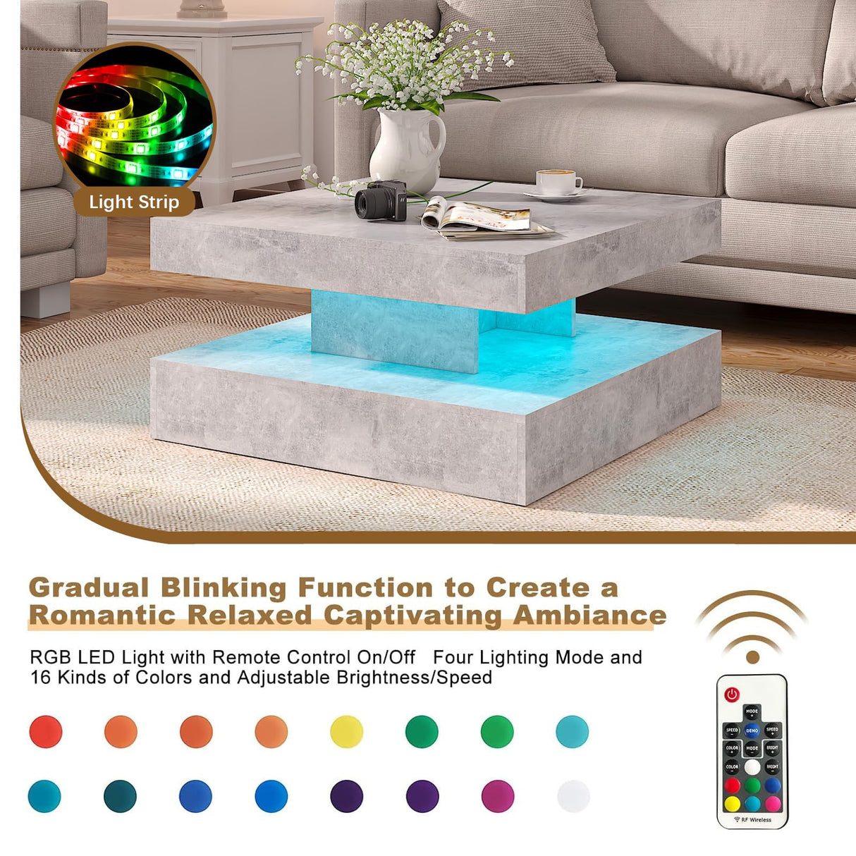 HedoAjim Grey LED Coffee Table for Living Room, Living Room Table 2-Tier Square Middle Center Table, Modern Coffee Tables with Storage, Contemporary Wood Tea Tables for Dining Reception HedoAjim