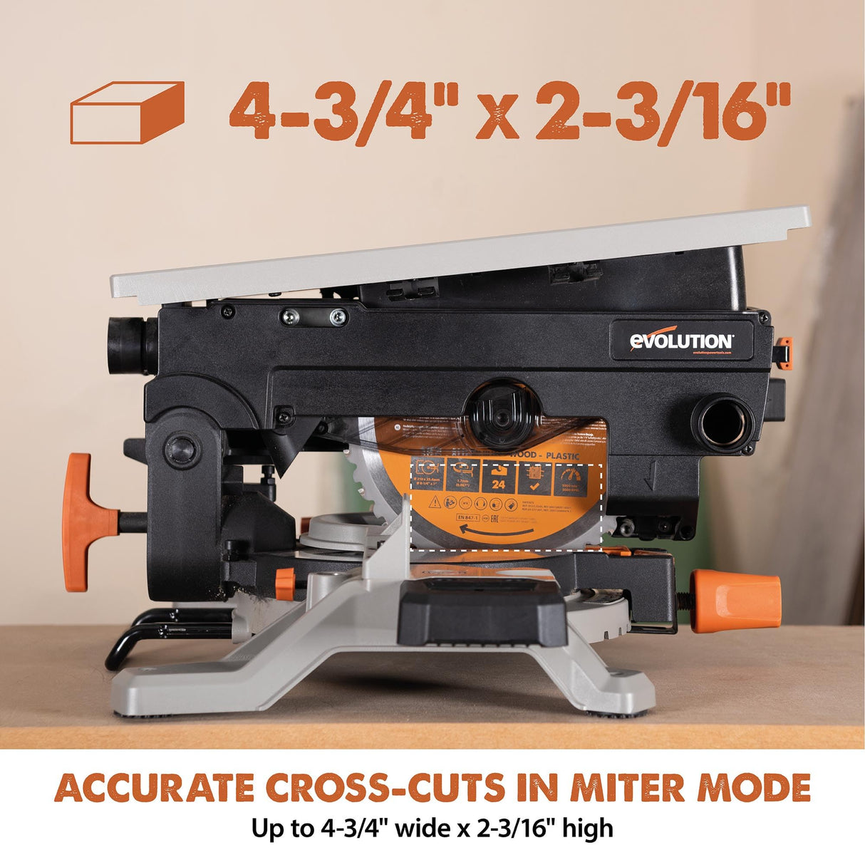 Evolution R8MTS | 8-1/4” Convertible Miter/Table Saw | Multi-Function Saw | 0-45° Bevel & +/- 45° Miter | Multi-Material Cutting: Wood, Plastic, Metal | Compact, Powerful 12A Motor | TCT Blade Incl EVOLUTION