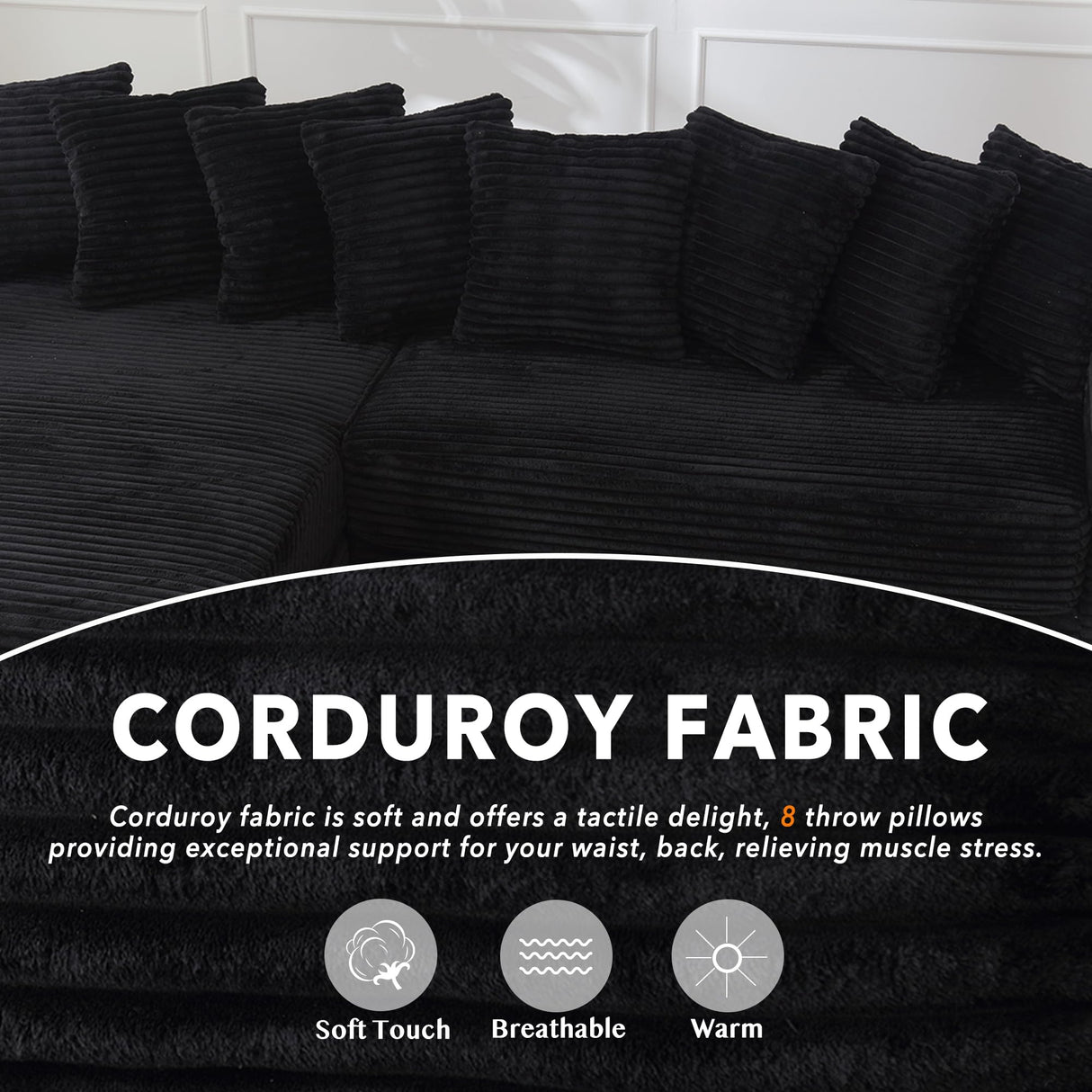 UPYOOE 111'' Modern Sectional Sofa, L-Shaped Corduroy Couch with Left Chaise Daybed, Extra-Wide Oversized Lounge, 8 Pillows, Corner Sofa Set for Living Room, Apartment, Office, Hotel, Bedroom, Black UPYOOE