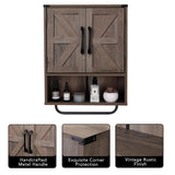 RUSTOWN Farmhouse Wall Storage Cabinet with Two Barn Door, Rustic Mounted Medicine Cabinet with Adjustable Shelf and Towel Bar, 3-Tier Wood Cabinet for Kitchen, Bathroom, Living Room (Washed Oak) RUSTOWN