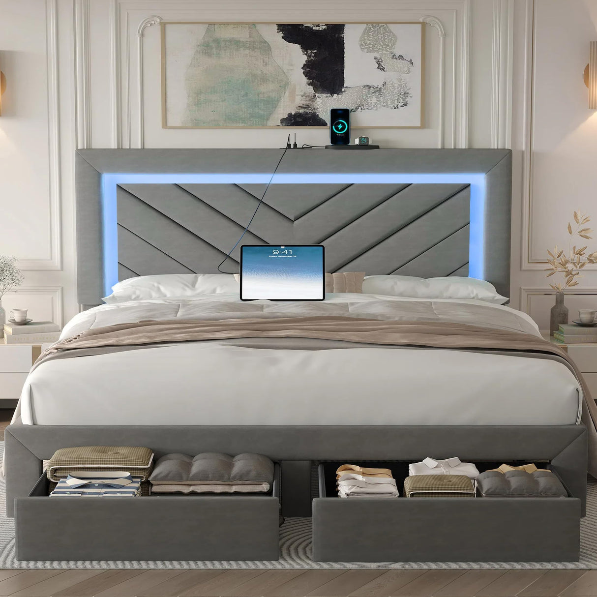 Fastroby Full Size Bed Frame with Adjustable Headboard and 2 Storage Drawers, Upholstered Bed Frame Full with RGB LED Light and Charging Station, Easy Assembly, No Box Spring Needed, Grey Fastroby