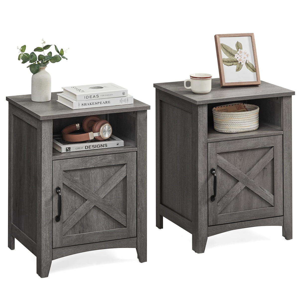 VASAGLE Farmhouse Nightstand with Barn Door, Set of 2, Bedside Table with Storage, Side End Table, Night Stand with Open Compartment, for Bedroom, Misty Gray ULET809G68 VASAGLE