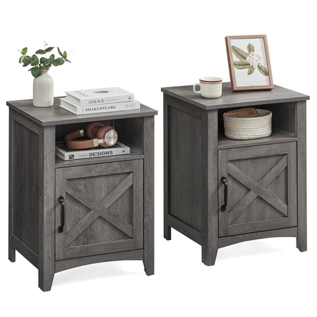 VASAGLE Farmhouse Nightstand with Barn Door, Set of 2, Bedside Table with Storage, Side End Table, Night Stand with Open Compartment, for Bedroom, Misty Gray ULET809G68 VASAGLE
