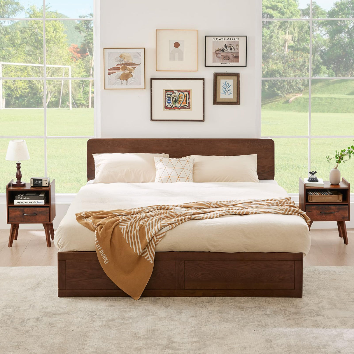 YUFAM Wooden Night Stand,Mid Century Modern Nightstand,Side Tables with Drawers and Open Storage Shelf,Bedside Table with Wood Legs,End Table for Bedroom,Sitting Room and Small Spaces (Brown) YUFAM