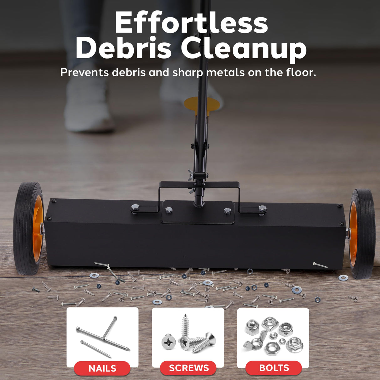 Pyle 24” Rolling Magnetic Sweeper with Adjustable Handle - Strong and Durable Metal Construction, Heavy-Duty Cleaning, Metal Pickup for Industrial and Commercial Use (Black and Orange) Pyle