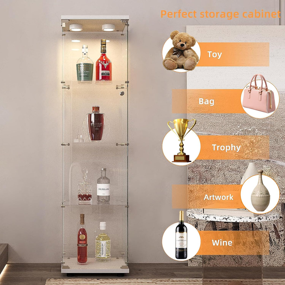 LFT HUIMEI2Y Glass Display Cabinet with LED Lights and Lock, 4-Shelf Curio Cabinets with Door, Tempered Glass Collection Display Showcase for Bedroom, Living Room 65”x 17”x 14.5” White LFT HUIMEI2Y