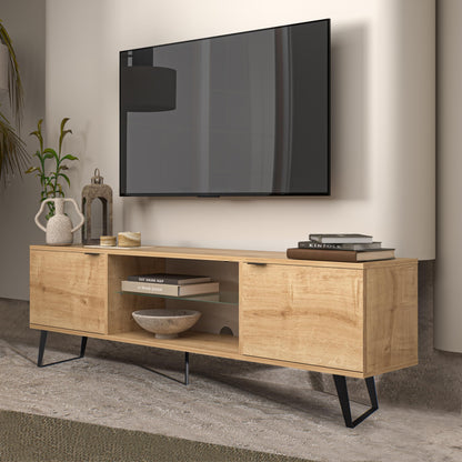 Atelier Mobili Mid Century Modern TV Stand 75 inch | Farmhouse Entertainment Center with Storage | TV Stand for 75 Inch TV | Oak TV Stand for Living Room Entertainment Center for Bedroom TV Stand