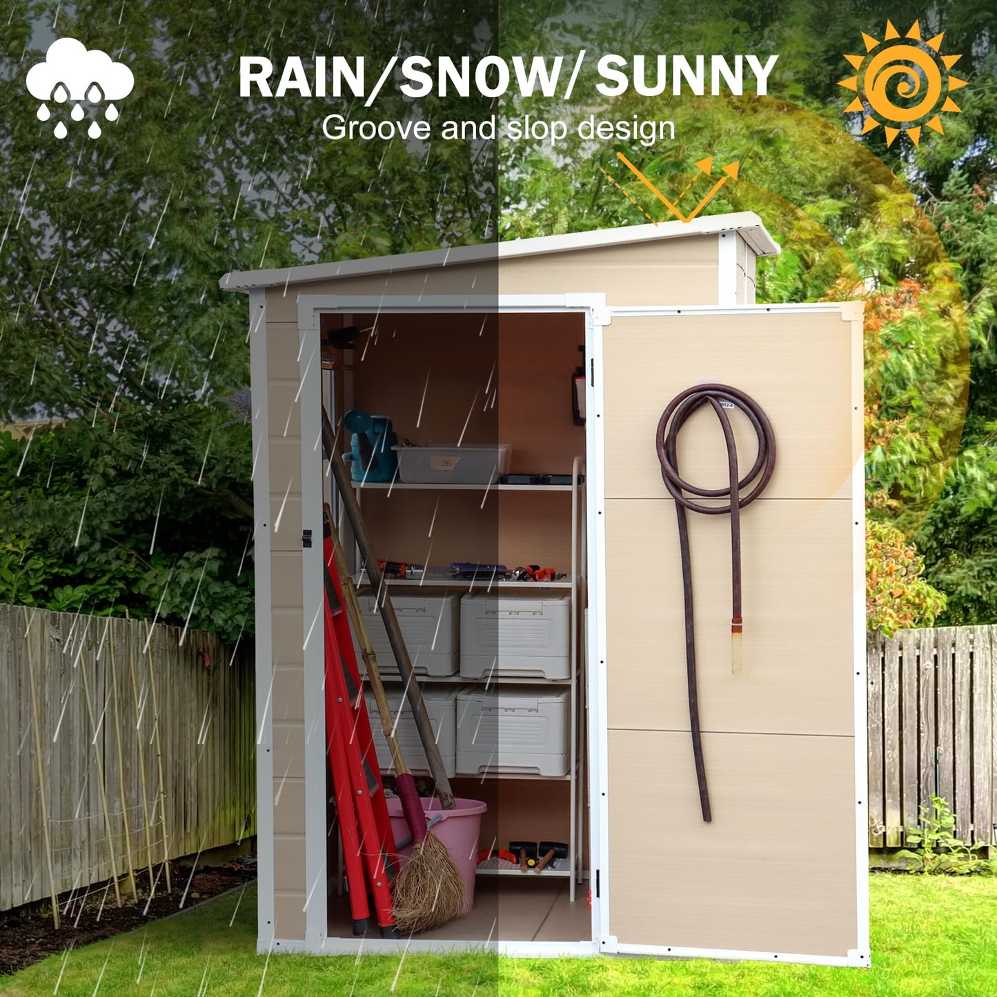 SELLERWE 5x4 FT Outdoor Storage Shed, Waterproof Resin Storage Shed with Floor & Window & Lockable Door, Tool Shed for Garden Patio, Backyard - WoodArtSupply