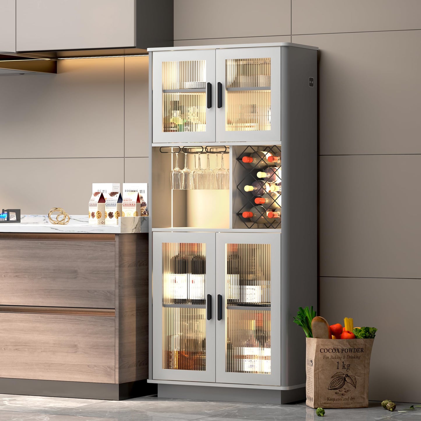 LVSOMT LED Wine Bar Cabinets with Removable Wine Rack, Bar Cabinets for Liquor with Light Motion Sensor, Kitchen Cabinet Storage for Dinning Room, Living Room (Dark Grey + Light Grey) - WoodArtSupply