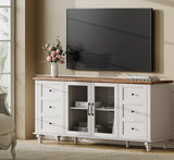 WAMPAT 4-Door Farmhouse TV Stand for TVs Up to 75 inch, Glass and Wood Universal TV Stand with 4 Storage Cabinets, White Entertainment Center for 32-75 inch TV Console Table，White WAMPAT