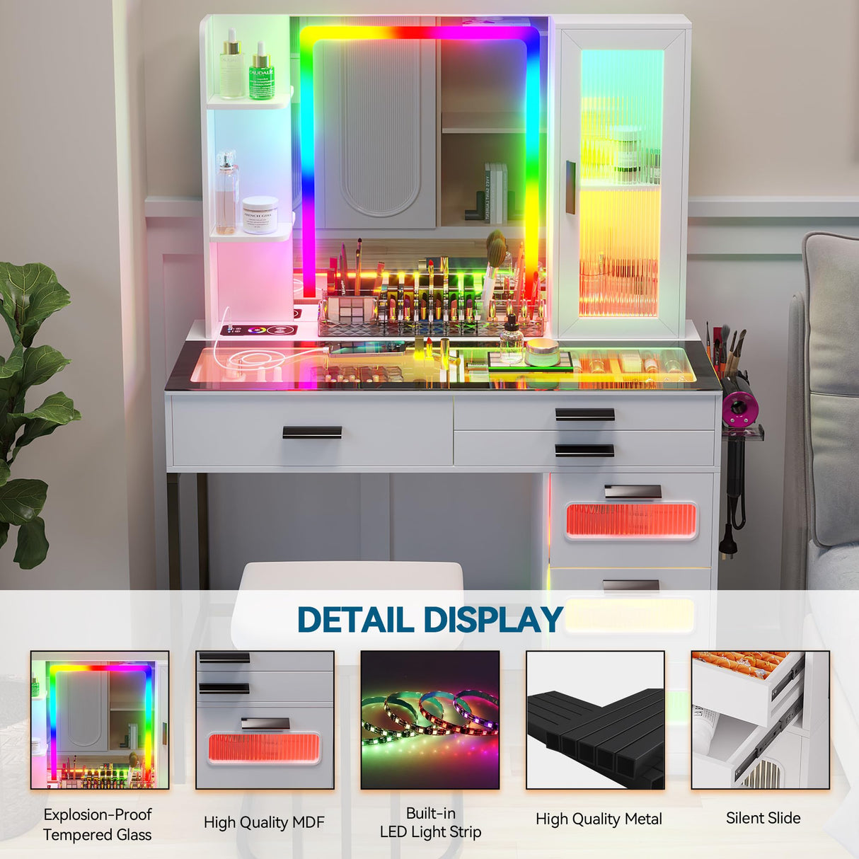 HENBC Vanity with Mirror and LED Lights, Glass Top Vanity Desk with Charging Station(Wireless+USB+Type-C), RGB Makeup Table Set with Stool/Makeup Organizer/6 Drawers (White) HNEBC