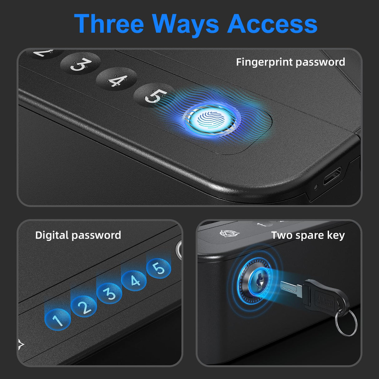 AINIRO Gun Safe for Handgun, Small Biometric Gun Safe with Built-in Handle Gun Lock Box for Pistols with Fingerprint, Keypad and Key Unlock Pistol Safe for Home, Car, Truck, Bedside Nightstand, Drawer AINIRO