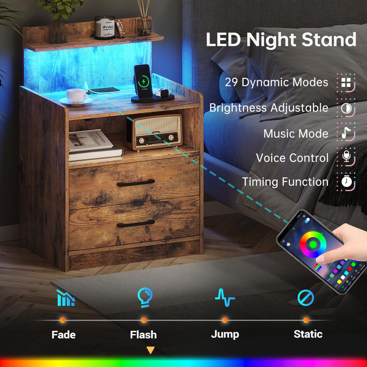 Night Stand, Nightstand with Charging Station, LED Bedside Table with Drawers and Storage Shelf, Modern Wood End Table Side Table for Bedroom, Rustic Brown MONECHO