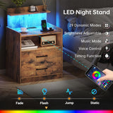 Night Stand, Nightstand with Charging Station, LED Bedside Table with Drawers and Storage Shelf, Modern Wood End Table Side Table for Bedroom, Rustic Brown MONECHO