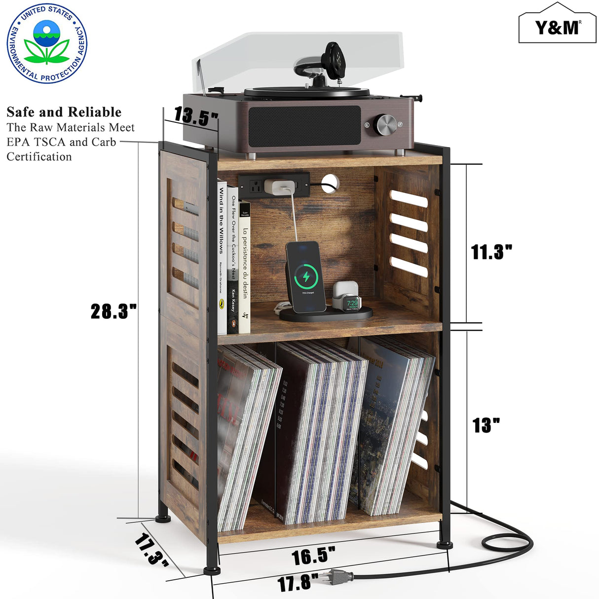 Y&M Record Player Stand, Vinyl Turntable Stand with Charging Station and USB Port, Record Display Table with Storage Cabinet, Turntable Holder, End Table, Nightstand for Bedroom, Living Room, Brown Y&M