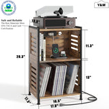 Y&M Record Player Stand, Vinyl Turntable Stand with Charging Station and USB Port, Record Display Table with Storage Cabinet, Turntable Holder, End Table, Nightstand for Bedroom, Living Room, Brown Y&M