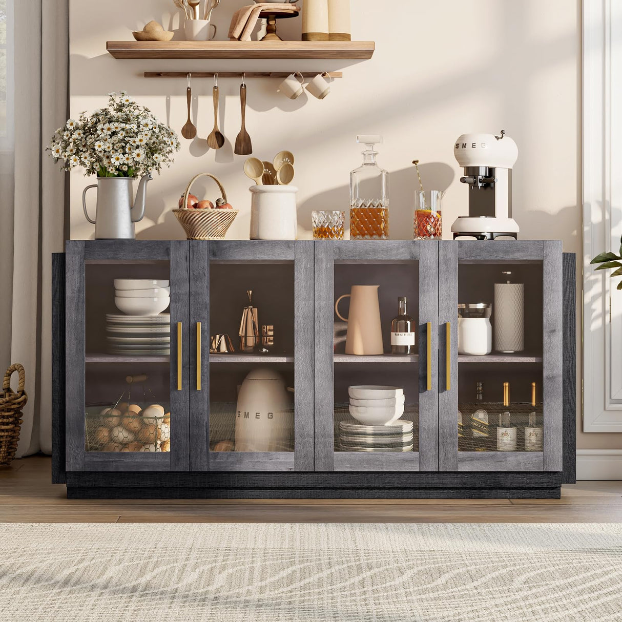 AMERLIFE Sideboard Buffet Cabinet with LED Lights, Mixed Color Accent Cabinet with Glass Doors and Adjustable Shelf, Hallway Storage Cabinet Console Table for Living Room, Dining Room, Black and Gray AMERLIFE