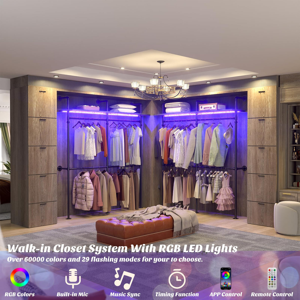 Aheaplus Industrial Pipe Clothing Rack, Reversible 79.7'' Clothes Rack for Hanging Clothes, Heavy Duty Garment Rack Closet Wardrobe Rack with LED Lights& Shelves, Walk-in Closet System, Black Oak Aheaplus