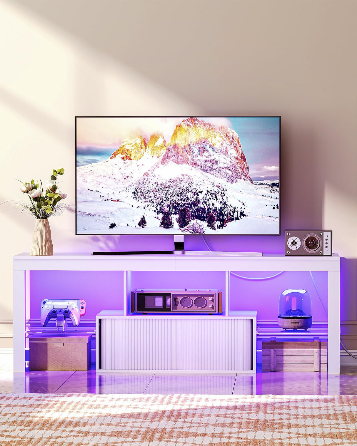 CHOEZON TV Stand with Power Outlet, Modern TV Cabinet for 55 60 inch TVs, Media TV Console with LED Light Strip, Media Entertainment Center with Storage, for Living Room, Bedroom, White MDS02UDWB CHOEZON