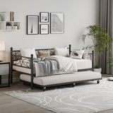 GarveeHome Daybed with Trundle Bed, Twin Size Day Bed with Floral Headboard, Metal Sofa Bed Frame with Pull-Out Trundle, Heavy Duty Steel Slats Supports, for Living Room, Guest Room, Modern Black GarveeHome