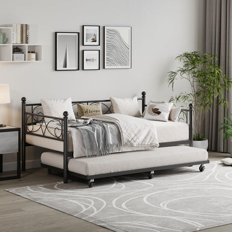 GarveeHome Daybed with Trundle Bed, Twin Size Day Bed with Floral Headboard, Metal Sofa Bed Frame with Pull-Out Trundle, Heavy Duty Steel Slats Supports, for Living Room, Guest Room, Modern Black GarveeHome