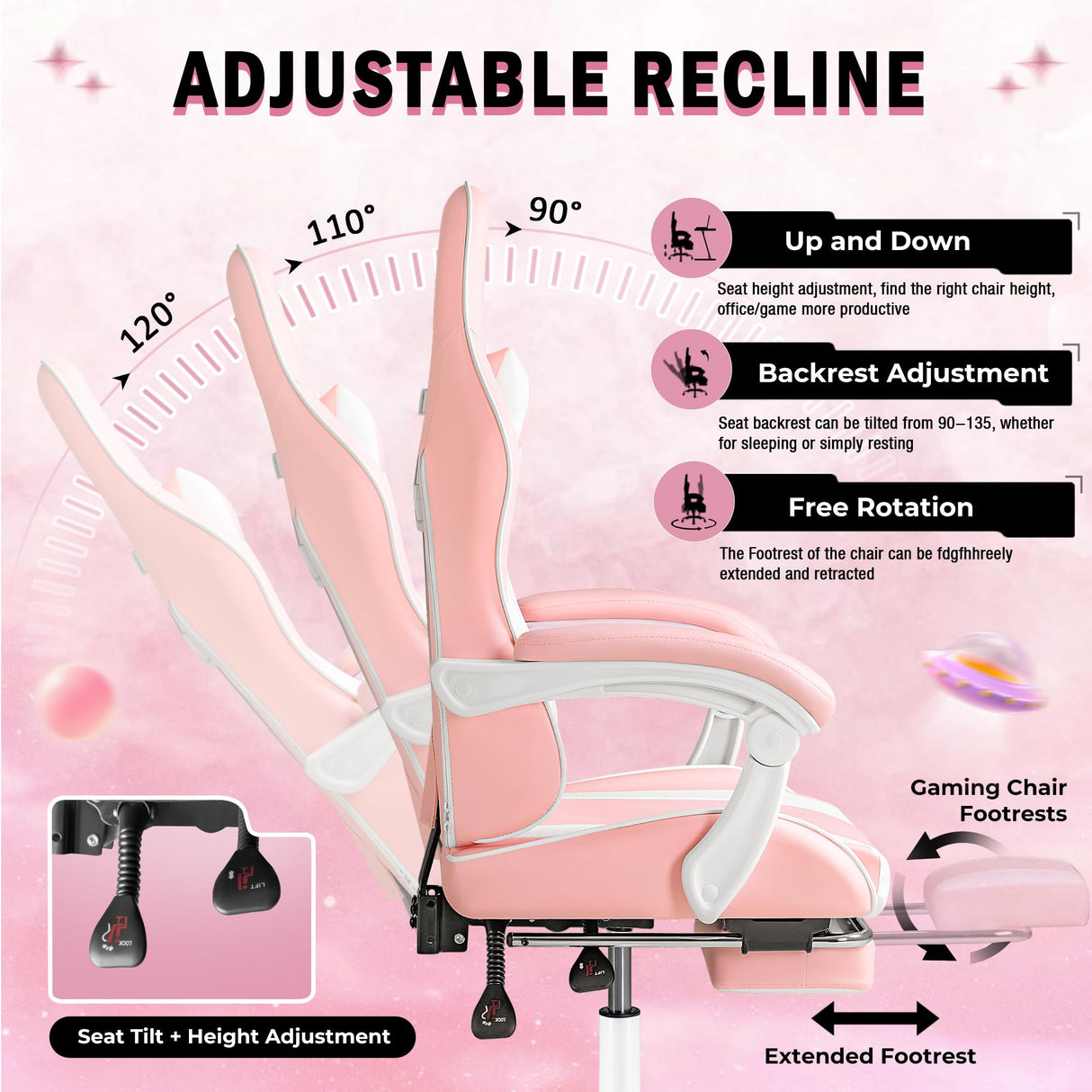 Homall Gaming Chair, Video Game Chair with Footrest and Massage Lumbar Support, Ergonomic Computer Chair Height Adjustable with Swivel Seat and Headrest (Pink) Homall