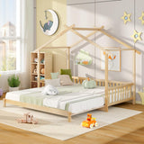 KOMFOTT Wood Extendable House Bed, Twin to King House Daybed with Safety Rails & Decorable Roof, Montessori Daybed, No Box Spring Needed, Roof-Shaped Floor Daybed for Kids, Teens (Natural) KOMFOTT