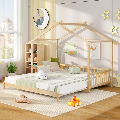 KOMFOTT Wood Extendable House Bed, Twin to King House Daybed with Safety Rails & Decorable Roof, Montessori Daybed, No Box Spring Needed, Roof-Shaped Floor Daybed for Kids, Teens (Natural) KOMFOTT