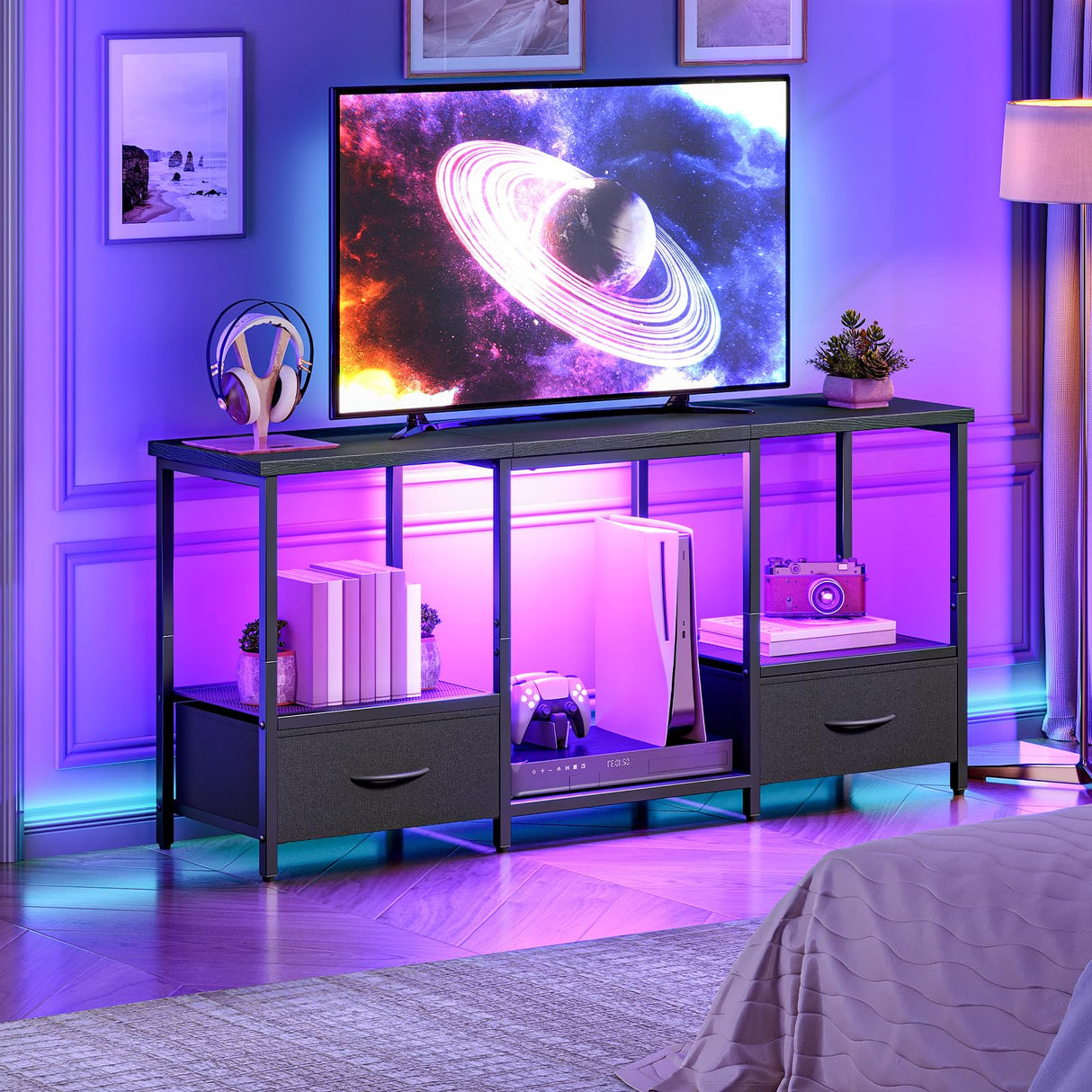 HOOBRO LED TV Stand with Storage, LED Entertainment Center with Open Shelves and Drawer, Fits TVs up to 55", Television Stand for Living Room, Bedroom, Black BB123DDS01 HOOBRO