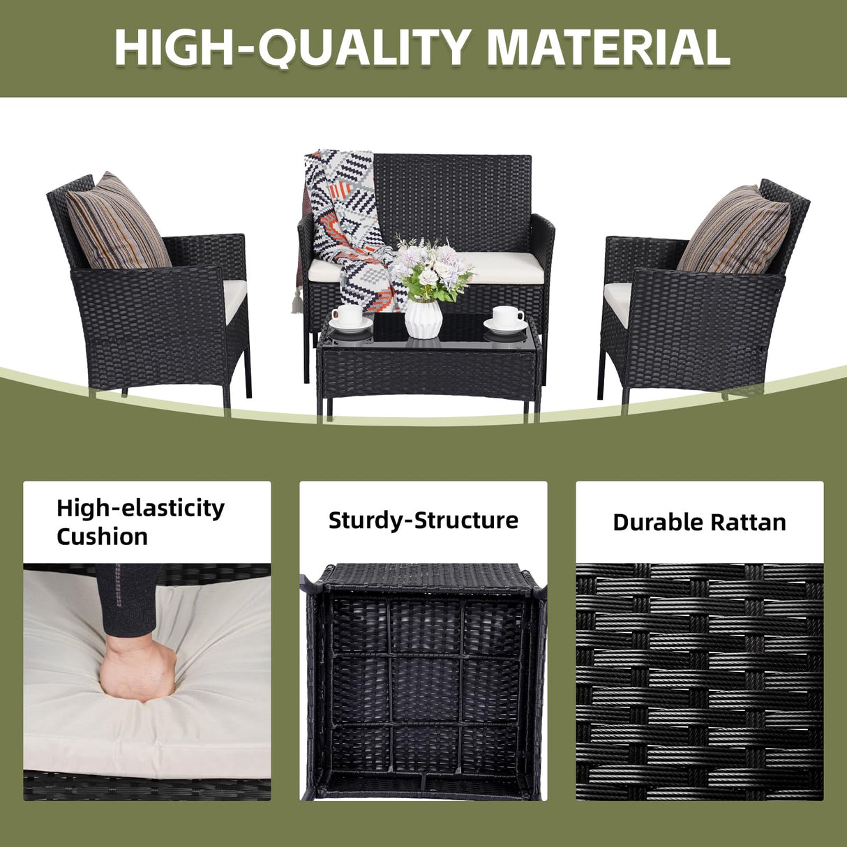PAIQIAN Patio Furniture Set,4 Piece Garden Conversation Set, Outdoor Wicker Rattan Table and Chairs, Black Patio Set, Sectional Sofa with Thick Cushion for Garden, Yard, or Porch (Black/Beige) PAIQIAN