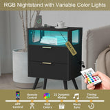 JOONEE Black Nightstand with Charging Station and LED Lights,Modern Bedside Table with 2 Storage Drawer and Open Wood Shelf, for Bedroom and Small Spaces,Night Stand with Solid Wood Legs,Black JOONEE