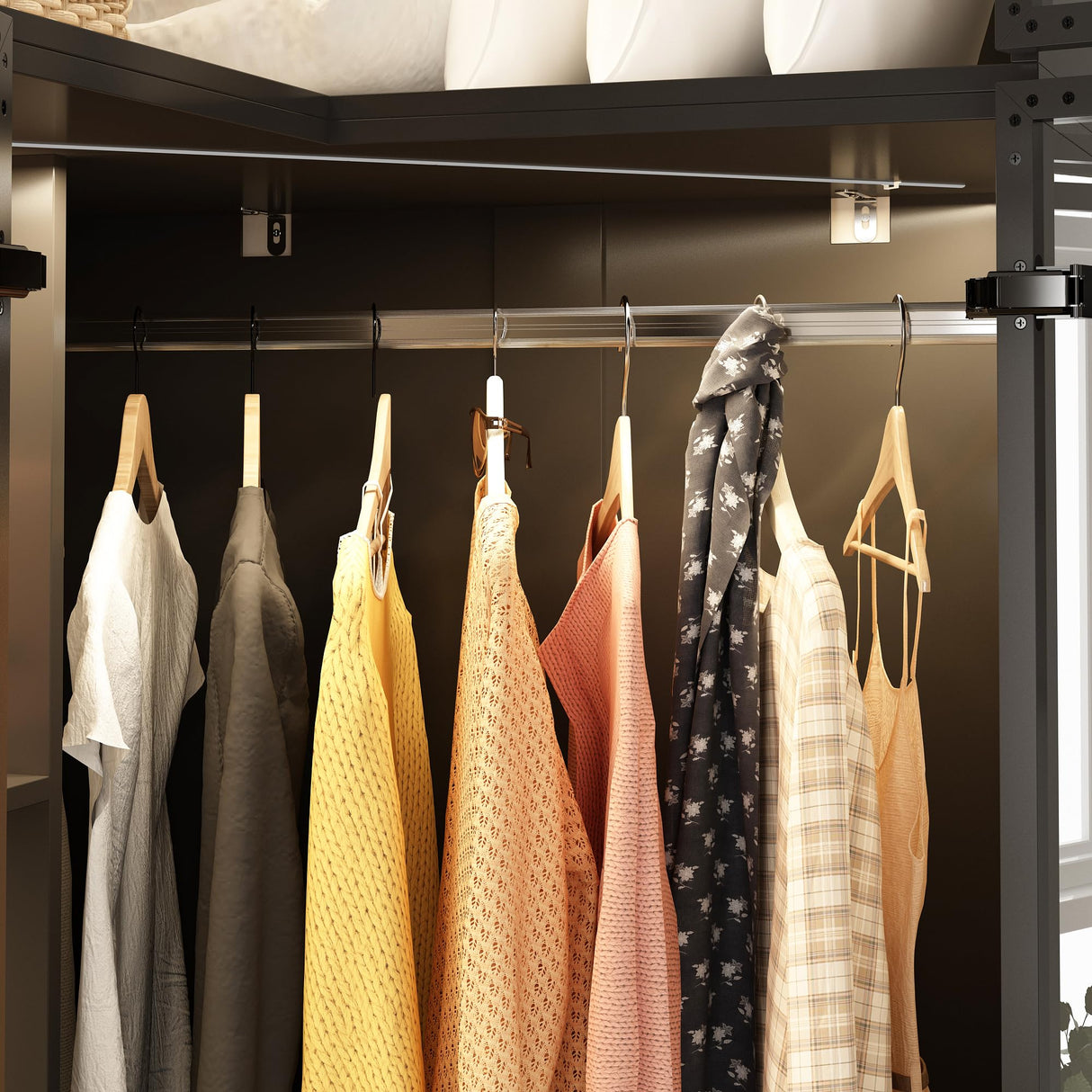 Homsee 94.5" H Corner Armoire Wardrobe Closet with Hanging Rod, LED Lights & Tempered Glass Doors, L-Shape Cloth Storage Cabinet with Top Cubes & Adjustable Shelves for Bedroom, Black Homsee