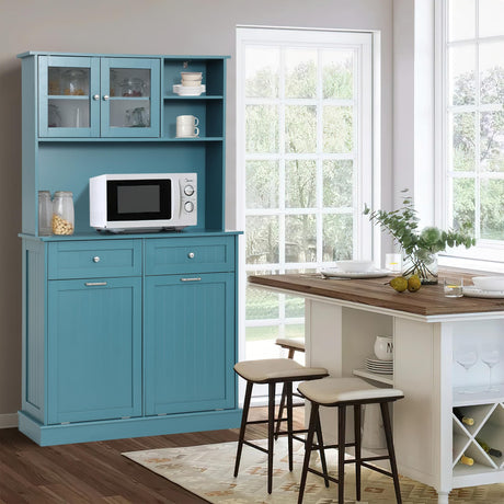 LOUVIXA Kitchen Pantry Storage Cabinet, Microwave Cabinet with Tilt Out Trash Cabinet,Tall Pantry Cabinet Cupboard, Freestanding Kitchen Hutch (Lake Blue) LOUVIXA