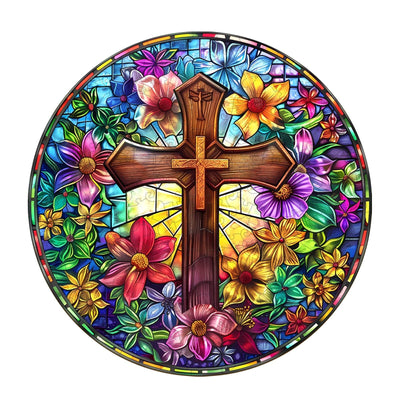 Jigfoxy Wooden Puzzles for Adults, Stained Glass Cross Wood Puzzles Adult, Unique Animal Shape Wooden Jigsaw Puzzles for Adults, Birthday Gifts for Puzzle Lovers, Family (M-11.4 * 11.4in-200pcs)
