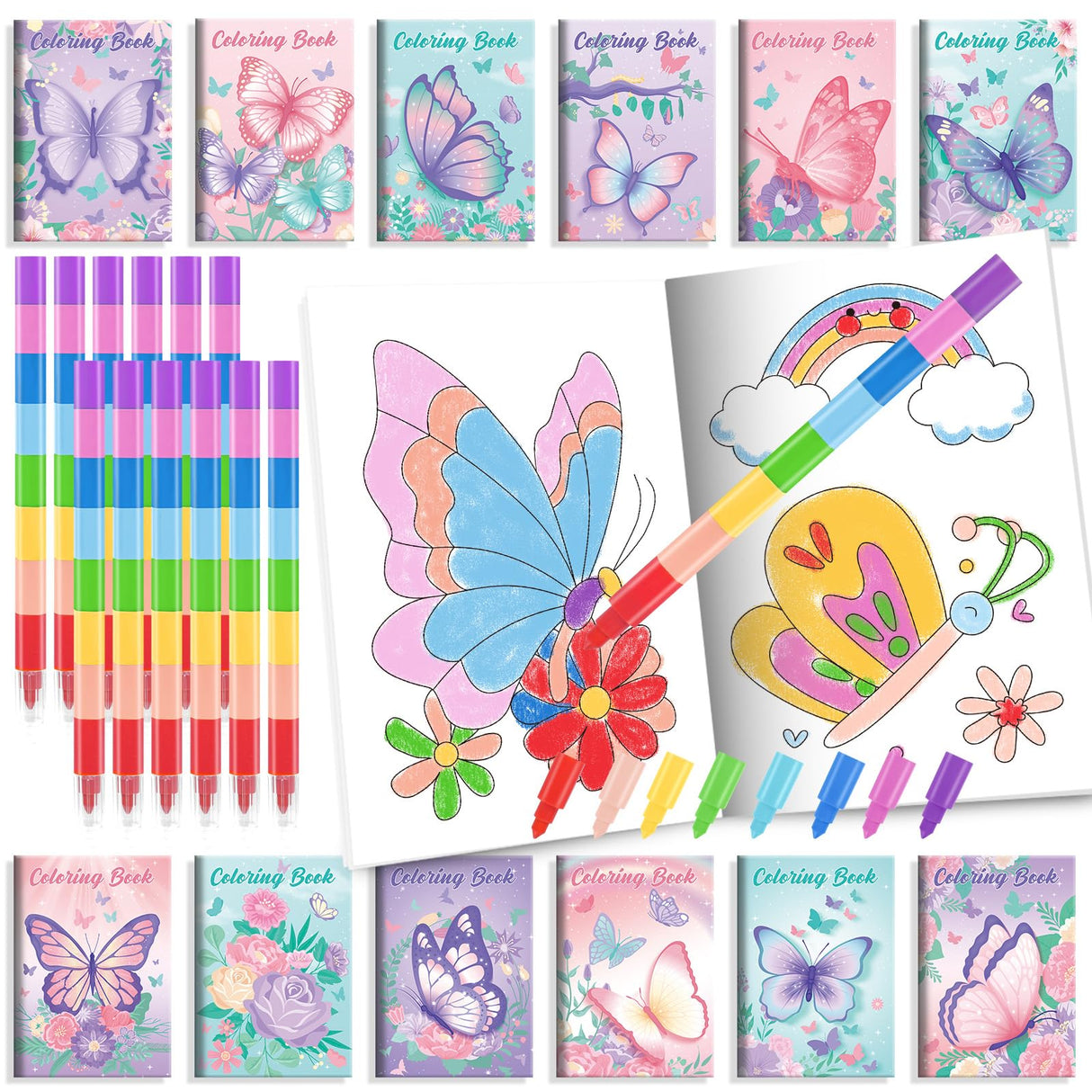 BenLouis 24 Butterfly Mini Coloring Books Kids with 24 Stacking Crayons Butterfly Theme Party Favors Activity Books Bulk for Kids Spring Fairy Birthday Goodie Bag Gift Stuffer Classroom Reward BenLouis