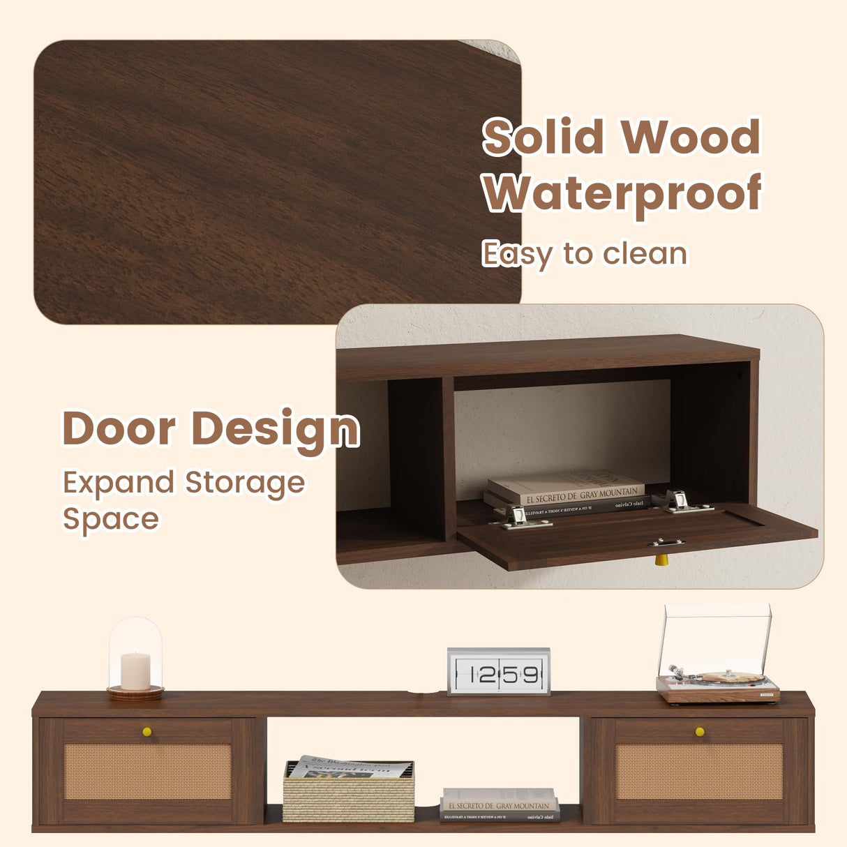 EROMMY Modern Rattan Floating TV Stand, Rectangular Wall-Mounted Floating Stand for TVs with Doors, Entertainment Center for Under TV Storage, 57 inch, Caramel Oak EROMMY