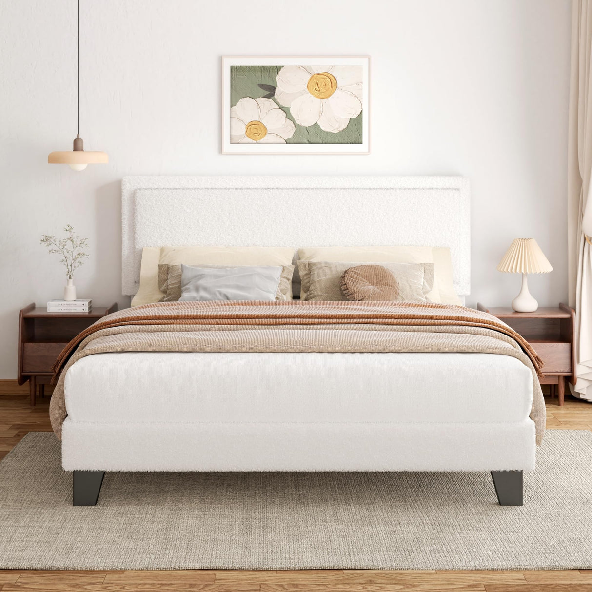 viplov King Size Bed Frame and Headboard, Upholstered Platform Bed with Adjustable Headboard, Soft Boucle Fabric, Modern Style, No Box Spring Required, Easy Assembly, Off-White viplov