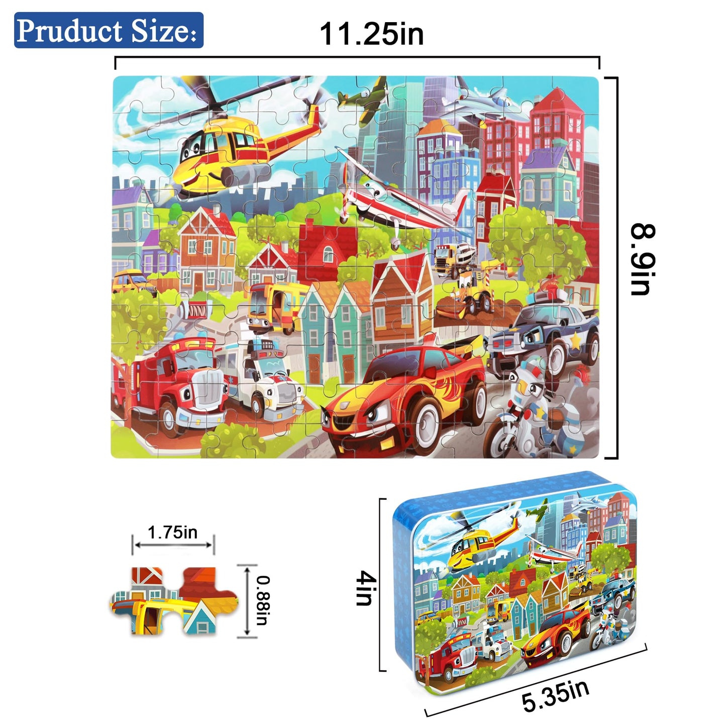 LELEMON Puzzles for Kids Ages 4-8 Vehicles Jigsaw Puzzles in a Metal Box for Kids Boys Girls 100 Pieces Fire Truck Ambulance Police Car Helicopter Aircraft Learning Educational Puzzles